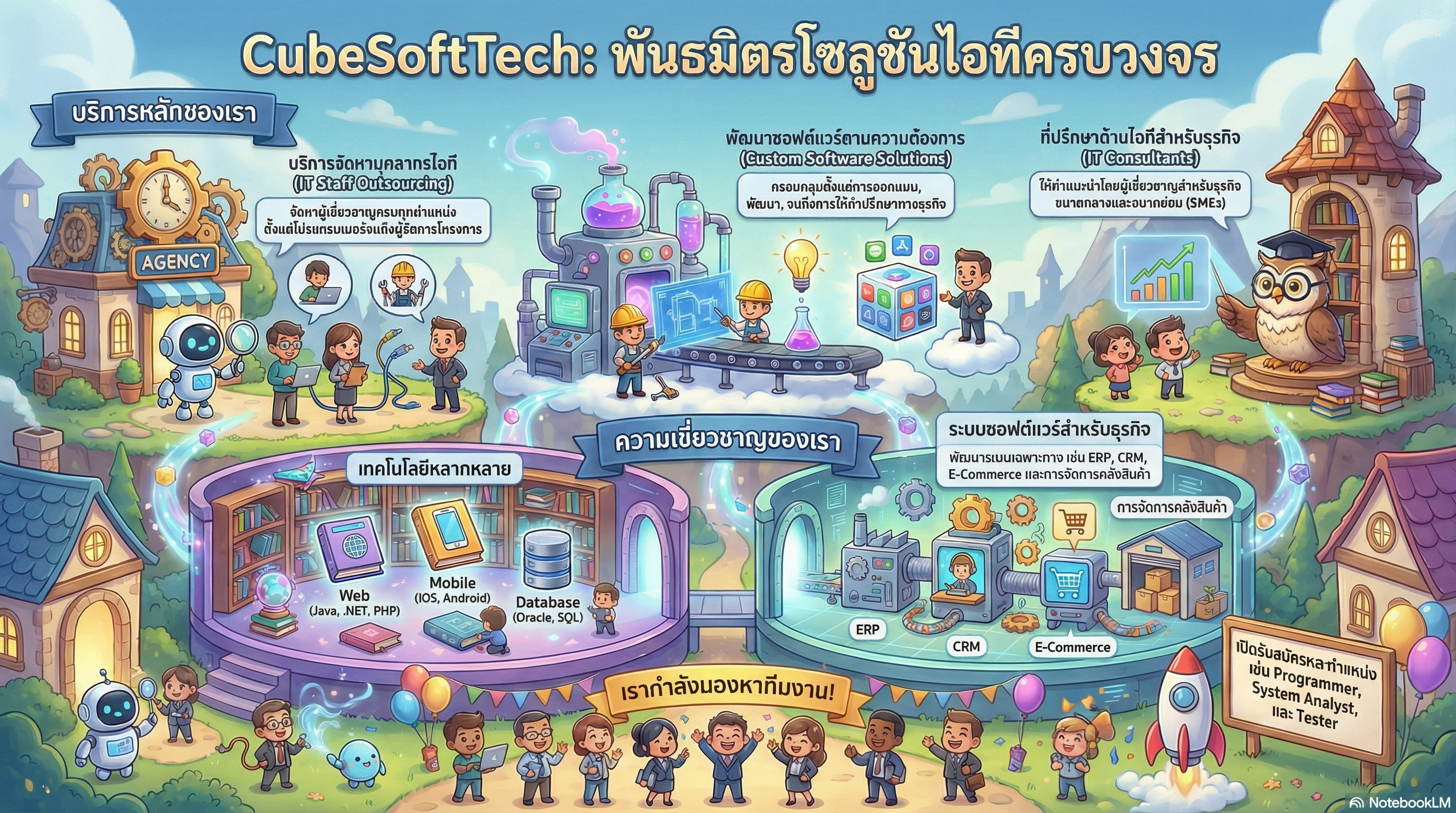 ภาพอินโฟกราฟิกสไตล์การ์ตูนแนะนำบริการ CubeSoftTech ทั้ง IT Outsourcing, Custom Software, IT Consultant และระบบ ERP–CRM พร้อมทีมงานและมาสคอตหุ่นยนต์