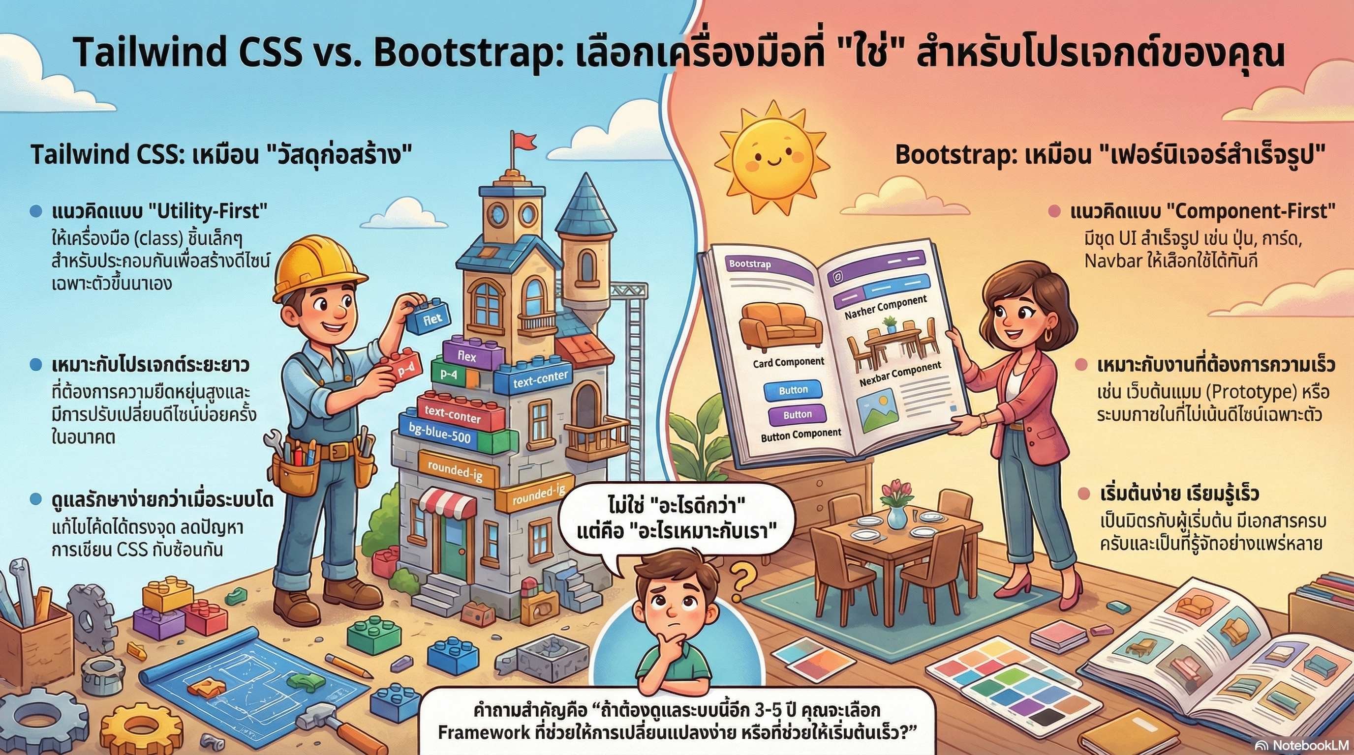 Tailwind CSS vs Bootstrap เปรียบเทียบแนวคิด Utility-First และ Component-First สำหรับเลือกใช้ในโปรเจกต์เว็บ