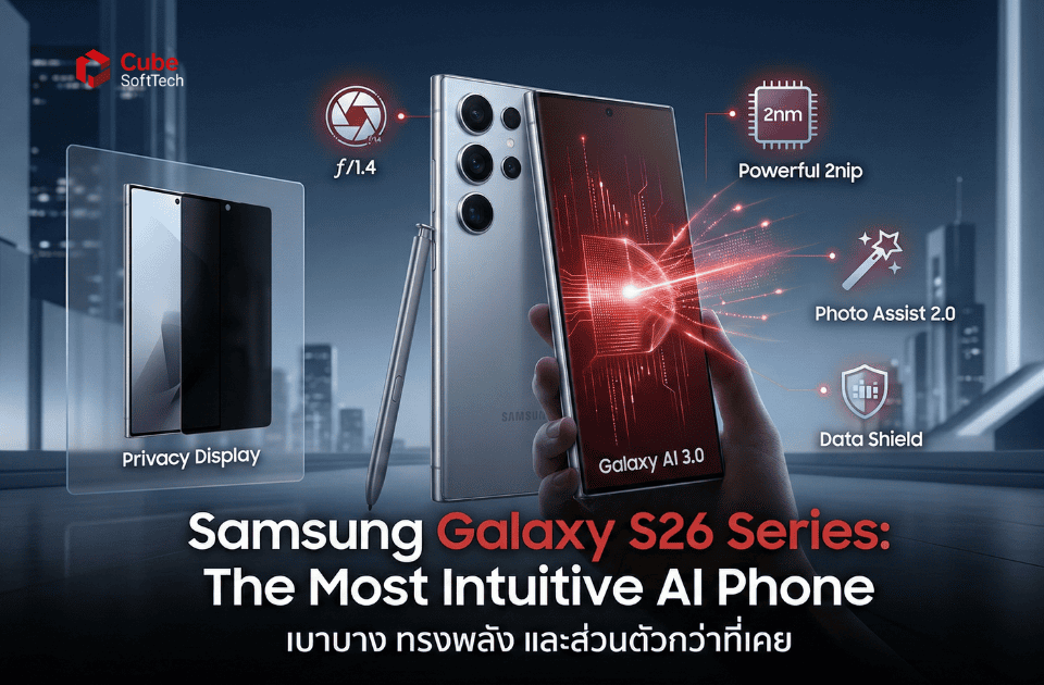 รูปภาพแสดงคุณสมบัติเด่นของ Samsung Galaxy S26 Ultra: ชิปประมวลผล 2nm (Powerful 2chip), เลนส์ f/1.4, Privacy Display, Photo Assist 2.0 และ Data Shield พร้อมโลโก้ CubeSoftTech