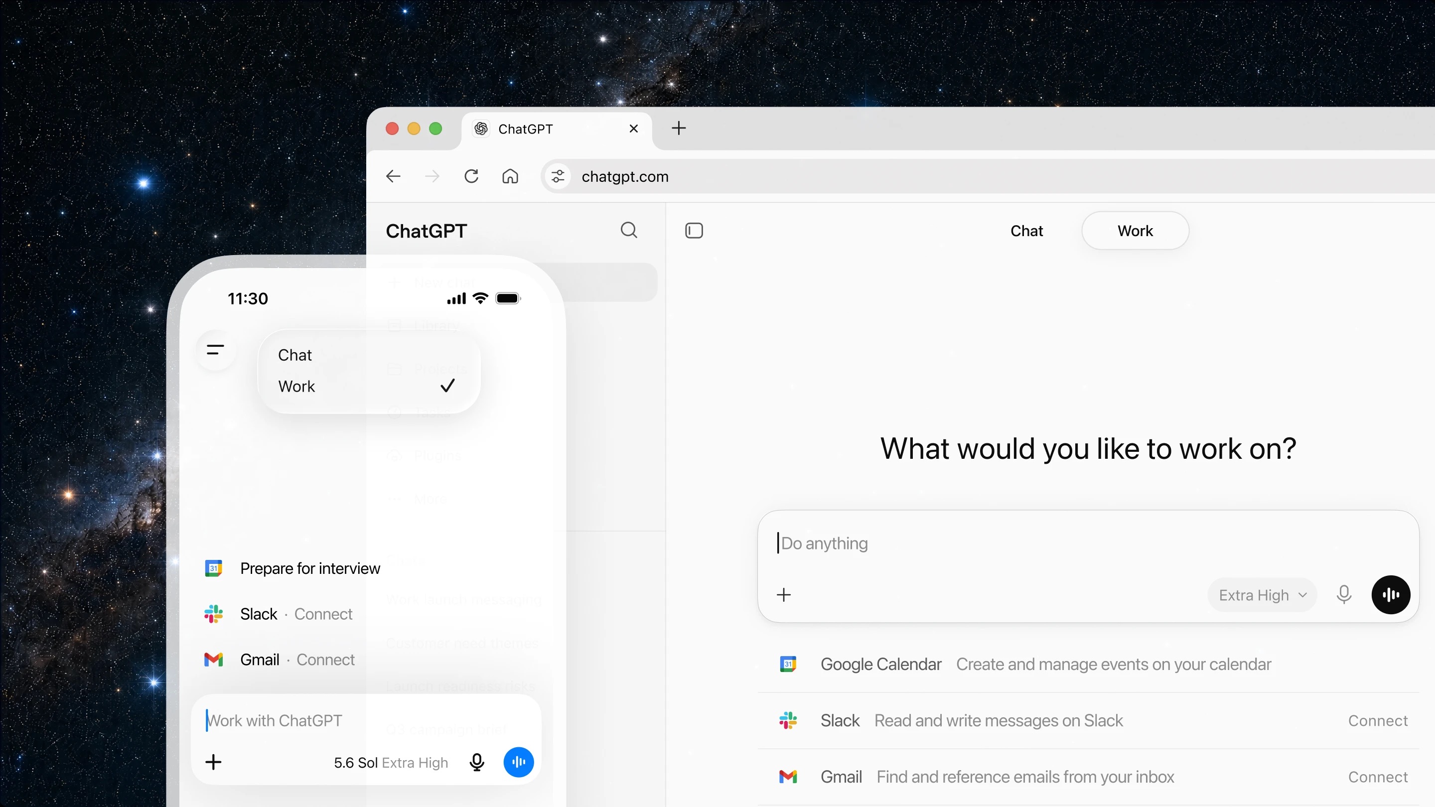 ภาพหน้าจอ ChatGPT Work ของ OpenAI แสดงโหมด Work พร้อมการเชื่อมต่อ Gmail, Slack และ Google Calendar