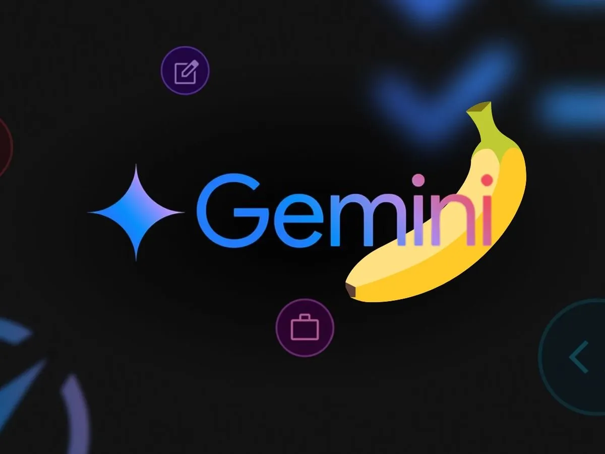 โลโก้ Gemini พร้อมกล้วยสีเหลือง แสดงฟีเจอร์ Nano Banana ของ Google AI สำหรับสร้างภาพด้วยคำสั่งข้อความ