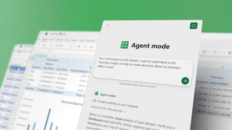 หน้าต่าง Microsoft Excel พร้อมหน้าจอ Agent Mode ของ Microsoft 365 Copilot แสดงการวิเคราะห์ข้อมูลเป็นกราฟและสรุปเชิงธุรกิจ