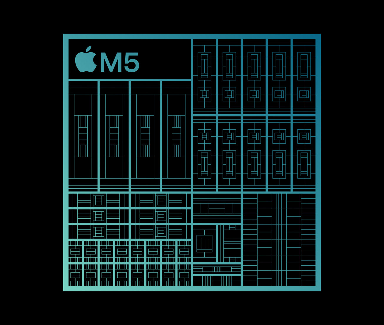 แผนผังภายในของชิป Apple M5 แสดงการจัดวางคอร์ CPU, GPU และ Neural Engine ในสถาปัตยกรรม Apple Silicon รุ่นล่าสุด